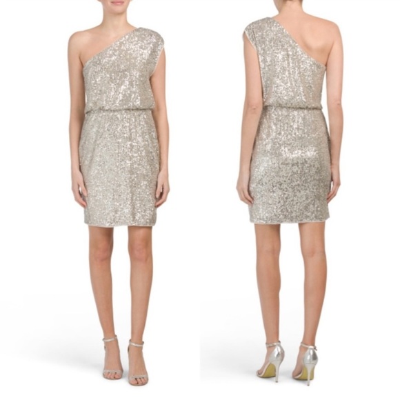 Adrianna Papell Dresses & Skirts - Adrianna Papell One Shoulder Sequin Dress Silver Size 10p NWT